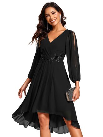 Ever-pretty Women Dress Wedding Guest Chiffon Dress Midi Applique with V-Neck and High Waist Desigh and Skeleton Sleeves Black 20UK