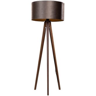 QAZQA Qazqa - Tripod Floor Lamp Walnut Wood with Brown Velvet Shade 50cm - Tripod Classic