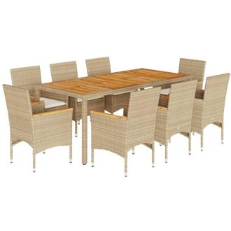 vidaXL Set De Comedor Jard&iacute;n 9 Pzas Con Cojines Rat&aacute;n Pe Acacia Beige Vidaxl