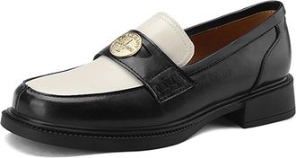 Generic Womens Classic Oxford-Style Loafers Two-Tone Slip-On Shoes Round Toe Metal Coin Accent Low Block Heel Dress and Office Shoes,Black,6.5 UK