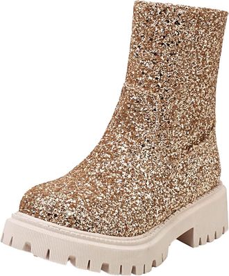 Generic British Style Womens Ankle Boots Fashion Low Heel Leather Casual Footwear with Sequin Detailing and Side Zipper Design for Everyday Comfort (Gold, 4.5