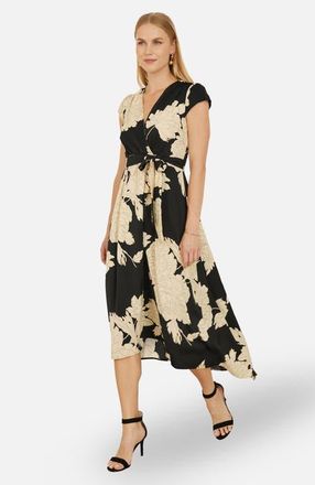 Yumi Blossom Print Dipped Hem Wrap Midi Dress in Black at Nordstrom, Size 10
