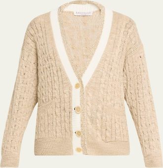 Brunello Cucinelli Paillette V-Neck Cable-Knit Cardigan