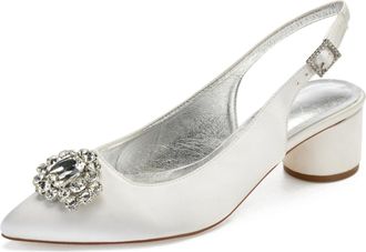Generic Slingback Wedding Heels Womens Bridal Pointed Toe Chunky Heels Prom Evening Formal Party Pumps Shoes 4.5Cm,Ivory,4 UK