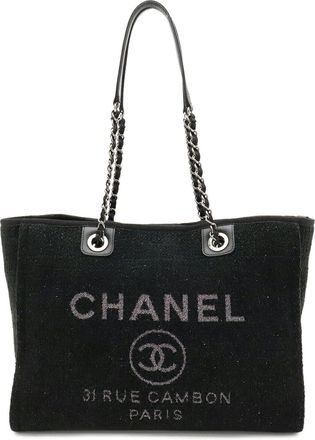 Chanel Black Gray Cotton Leather Shoulder Bag Tote Bag (Pre-Owned)