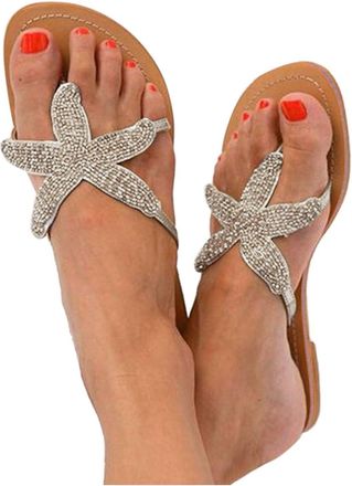 Generic Womens Summer Beach Sandals Cute Flat Sandal Rhinestone Flip Flops Comfortable Flat Thong Sandals Dressy Bohemian Slides for Vacation Bohemian Summer 