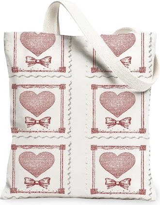 Generic ValentineS Day Heart Canvas Tote Bags, Retro Bow Pattern Reusable Grocery Bags, Lightweight Washable Shoulder Strap Canvas, White, 13x15 Inch