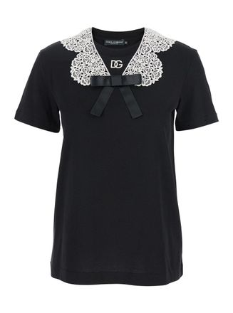 Dolce & Gabbana Black T-shirt With Bow On The Front And Lace Details In Cotton Woman