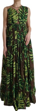 Dolce & Gabbana Womens Printed Silk Maxi Dress Tropical Leaf Print - Dark Green - Size EU 40 (Womens)