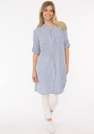 Zwillingsherz Longbluse ZWILLINGSHERZ Kida, Damen, blau (jeans), Web, Obermaterial: 100% Baumwolle, gestreift, comfort fit lang, V-Ausschnitt, Krempel&auml;rmel 1-Knopf-