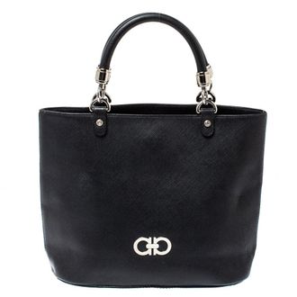 Ferragamo Black Leather Double Gancio Tote