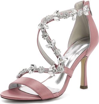 Generic Womens High Heel Sandals Open Toe Satin Crystal Stiletto Wedding Shoes for Bride Formal Prom Party Dress Shoes Pump 9.5Cm,Flesh Pink,10 UK