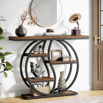 Tribesigns Tribesigns Mesa Consola De 120 X 30 Cm, Mesa De Sof&aacute; Industrial De 4 Pisos, Mesa De Entrada Con Base Circular, Mesas Estrechas De Madera Con Estantes 