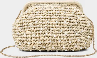 Simons Womens Small-pearl braided straw evening bag