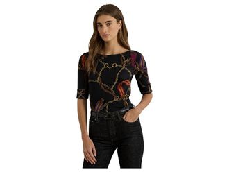 Lauren Ralph Lauren Petite Print Stretch Cotton Boatneck T-Shirts Womens Clothing Black : PXS, Cotton/Elastane