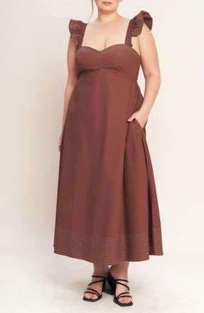 Flying Tomato Solid Flutter Sleeve Midi Dress in Cognac at Nordstrom Rack, Size 2 X