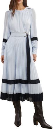 Reiss Tori Long Sleeve Pleated Dress in Blue/Navy at Nordstrom, Size 14 Us