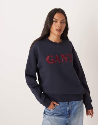 GANT Felpa girocollo blu navy con logo sul petto