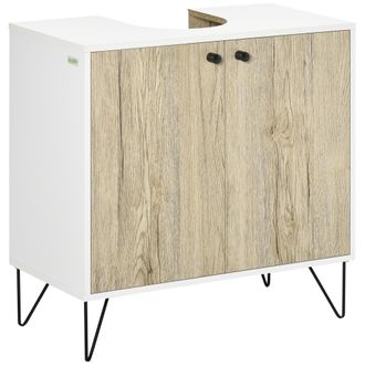 Kleankin Mueble Bajo Lavabo, Armario De Ba&ntilde;o Con 2 Puertas, Patas De Acero, 60 X 30 X 60 Cm, Blanco Y Madera Natural