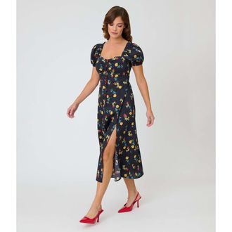 Unique Vintage Sweetheart Midi Dress in Black Floral Print at Nordstrom, Size X-Large