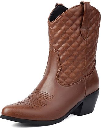 Generic Womens Cowboy Boots, Block Heel, Wide Calf, Round Toe, Quilted Design, Mesh Lining, Available in Large Sizes Up to 48, Daily Wear & Outdoor,Brown,3.5 