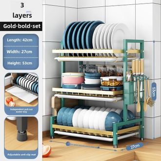 OEM Escurridor De Platos De Cocina, Espacio Para Guardar Platos Y Palillos, Estante (verde Y Dorado, 3 Niveles)