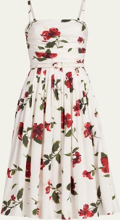 Oscar De La Renta Sleeveless Hibiscus Print Cotton Pleated Midi Dress