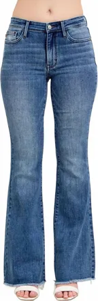 Judy Blue Mid Rise Vintage Wash Flare Jeans With Distressed And Fray Hem In Md