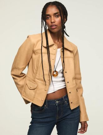 Lucky Brand Womens Festival Braided Seamed Leather Jacket