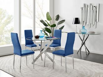 Furniturebox Novara 100cm Round Dining Table & 4 Velvet Milan Chairs in Navy