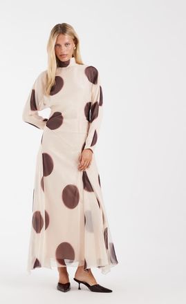 Asos Vestito lungo accollato marrone a pois con vita asimmetrica-Multicolore