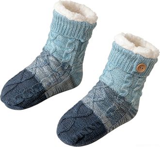 Generic Womens Ultra Cozy Fuzzy Slipper Socks with Non-Slip Grips - Fleece-Lined Warm Cabin Socks for Home, Winter Comfort (Blue)