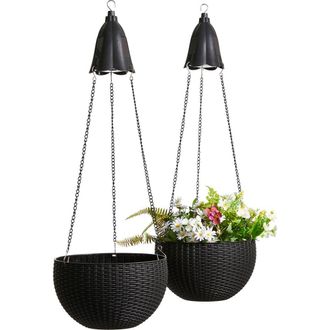 Glitzhome Set of 2 Solar Lighted Hanging Black Plastic Basket Planters at Nordstrom, Size Medium