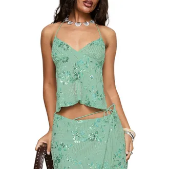 Princess Polly What a Coincidence Sequin Beaded Open Back Halter Top in Teal at Nordstrom, Size 10