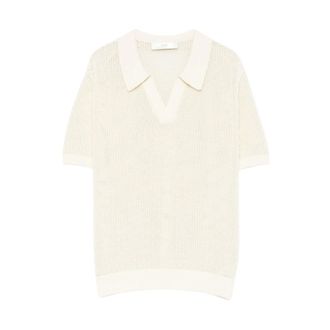 Dunst Cotton and Linen Openwork Knit Polo Shirt - female - Dunst - Polo Shirts - Beige - XS - Tops