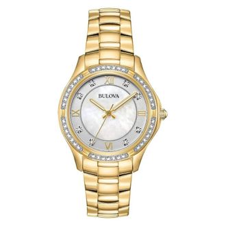 Bulova Quartz Crystal White Mother of Pearl Dial Ladies Watch 98L256