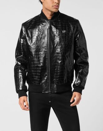 Philipp Plein Leather Bomber Cocco Men in Black at Nordstrom, Size Xxx-Large