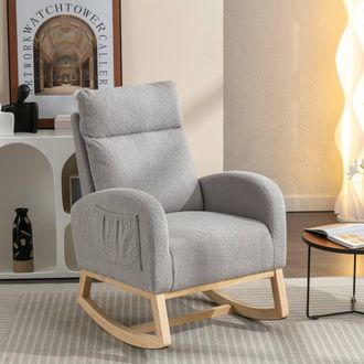 Direct Wicker Mid Century Modern Teddy Fabric Upholstered Rocking Chair Padded Seat in Light Grey | Size: 1 Pack
