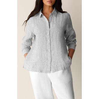 Eileen Fisher Stripe Organic Linen Button-Up Shirt in White Black at Nordstrom, Size Petite P