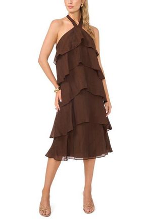 Vince Camuto Tiered Halter Midi Dress in Mocha at Nordstrom, Size Xx-Large