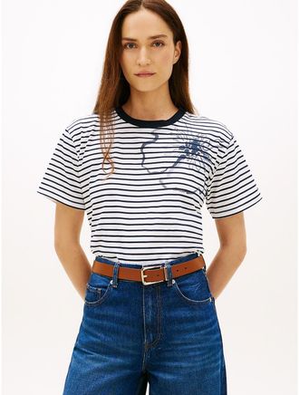 Tommy Hilfiger Womens Abstract Floral Print Stripe T-Shirt - White - XXL