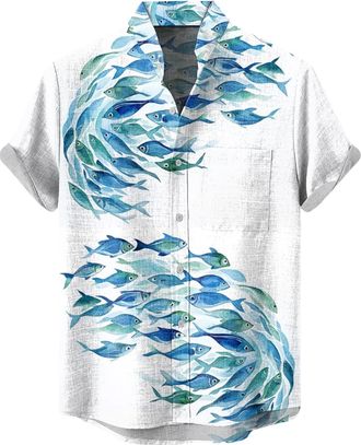 Generic Hawaiian Shirts for Men Short Sleeve Fish T-Shirts Button Up Shirt Tropical Tops with Pocket Summer Vacation Clothes Ropa Formal para Hombre(Light Blu