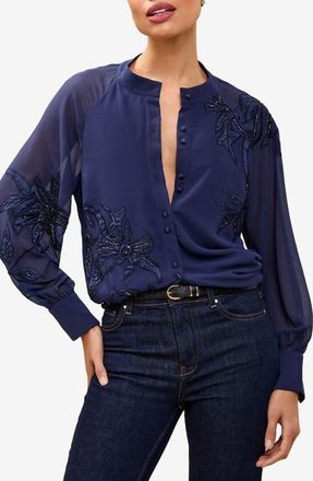 Lipsy Floral Appliqu&eacute; Band Collar Button-Up Shirt in Navy at Nordstrom, Size 4 Us