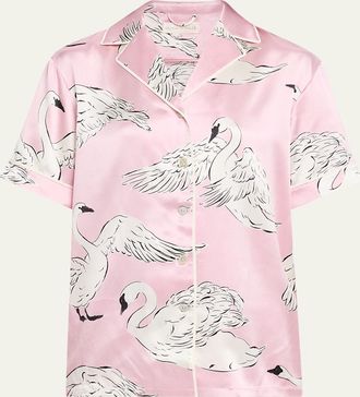 Olivia Von Halle Ingo Selene Swan-Print Silk Satin Pajama Set