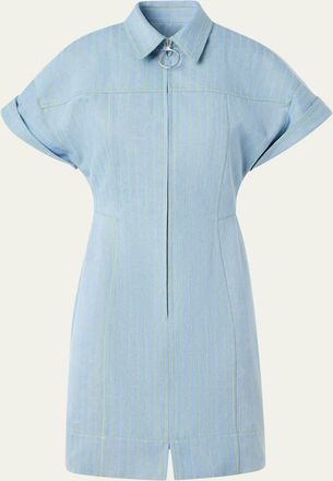 Akris Pinstripe Denim Short-Sleeve Zip Mini Shirtdress