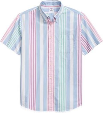 Brooks Brothers Friday Regular Fit Stripe Short Sleeve Cotton Poplin Button-Down Shirt in Light/pastel Blue at Nordstrom, Size X-Large
