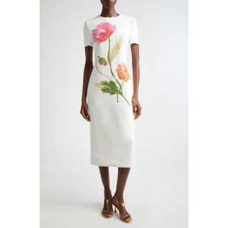 Carolina Herrera Poppy Print Short Sleeve Stretch Crepe Sheath Dress in White Multi at Nordstrom, Size 10