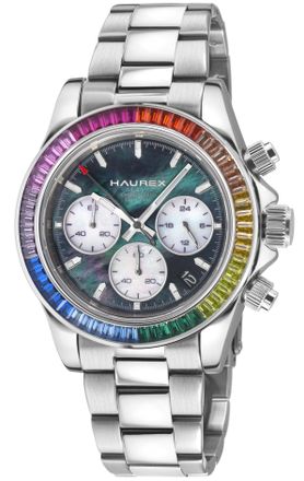 Haurex Mens Arcobaleno Multi Colored Bezel, Black Dial, Stainless steel Bracelet Watch - Silver - One Size