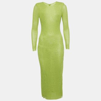 Self Portrait Green Studded Mesh Long Sleeve Midi Dress