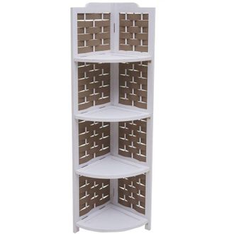 Hhg Scaffale angolare HHG 655 4 ripiani pieghevole legno intreccio 110cm, bianco marrone